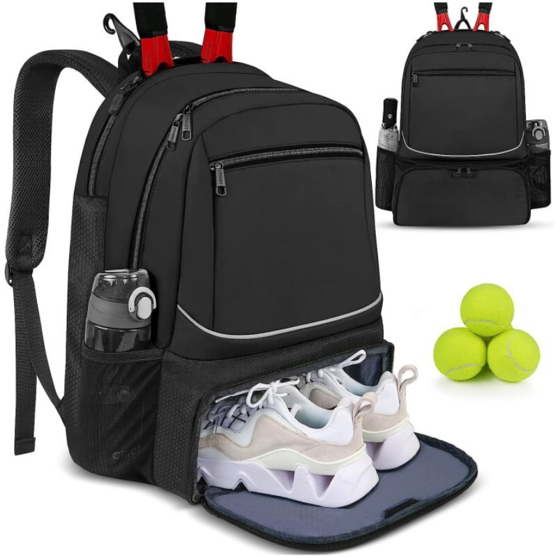 Badminton Outdoor - 大容量テニスバックパックスポーツラケットパックは1〜2本のテニスラケットを収納可能アウトドアバドミントンバッグシューズポケット付きブラックピンク